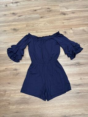 Lilly Pulitzer Navy Off-The-Shoulder Ruffle Romper